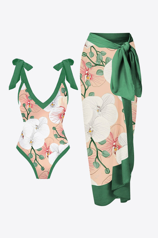 Floral V-Neck Two-Piece Swim Set - Stylish Swimwear