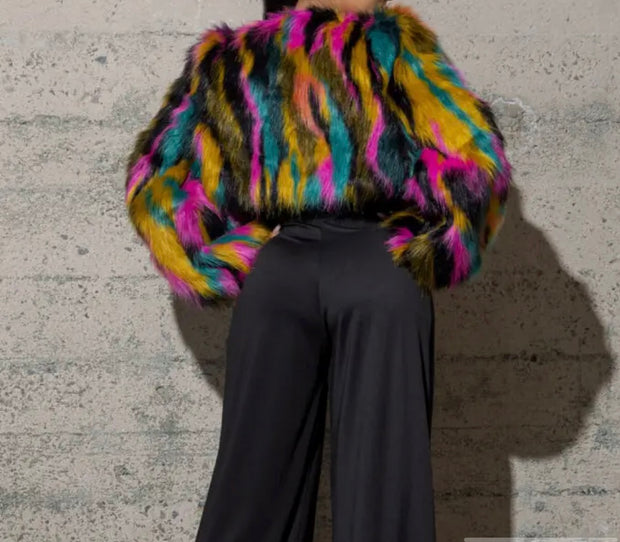 Multi-Color Faux Fur Jacket - Vibrant and Stylish Outerwear