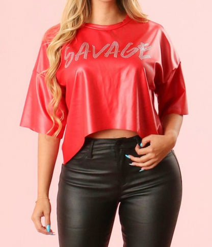 PU Leather Cropped Tee - Edgy and Fashionable Top