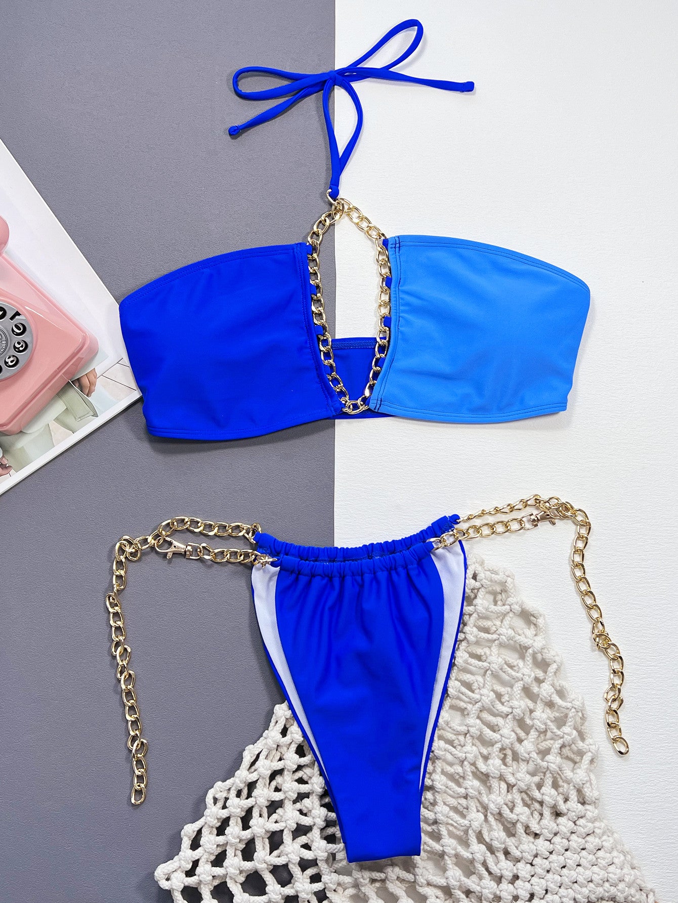 Chain Detail Halter Neck Bikini Set - Fashionable Swimwear